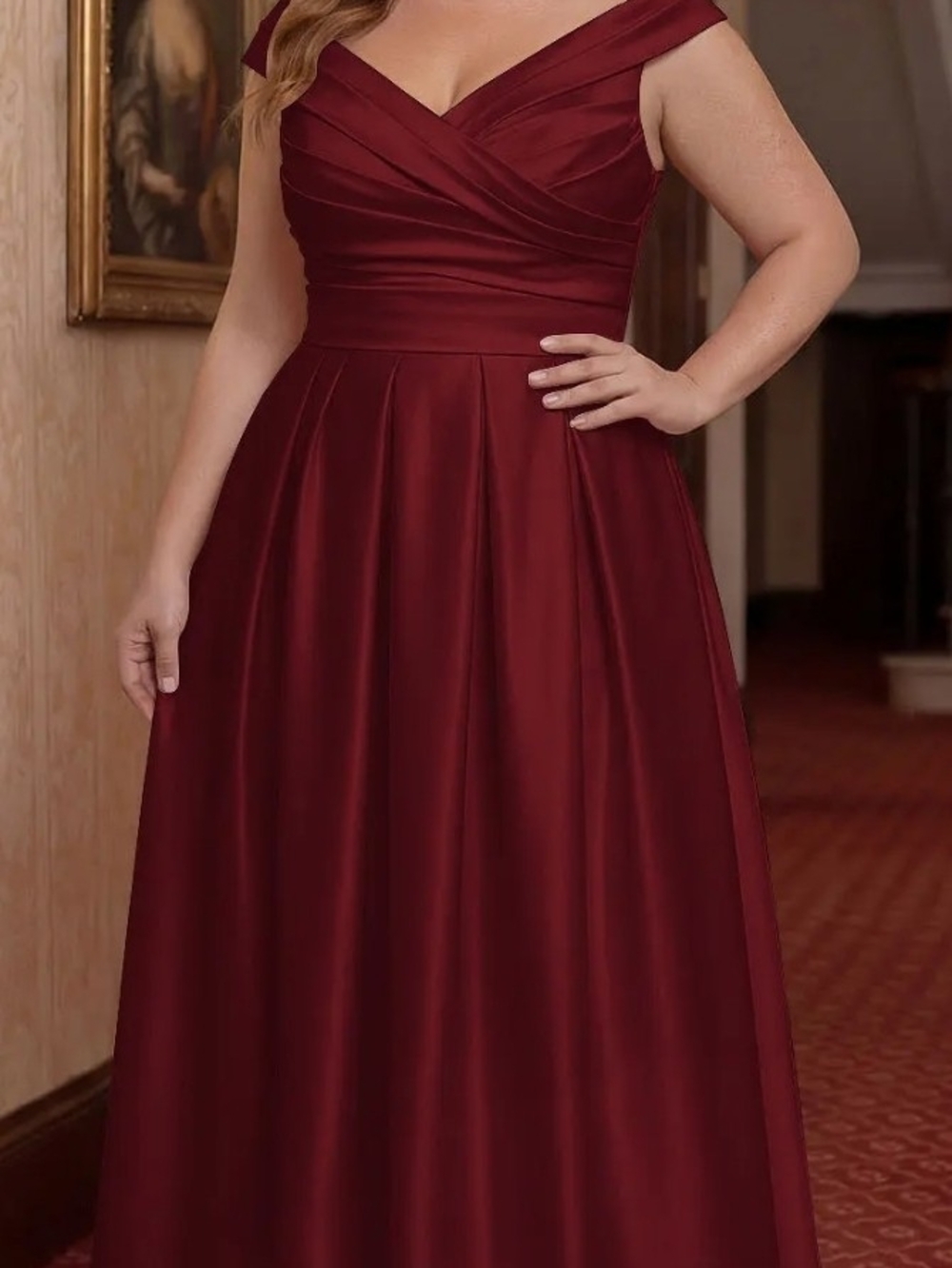 Plus-Size Off-Shoulder Burgundy Prom Dress With Pockets